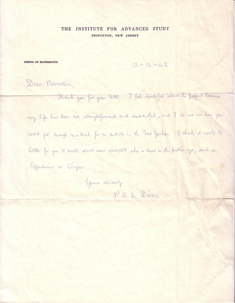 DIRAC, PAUL A.M. Autograph Letter Signed, P A M Dirac, to Jeremy Bernstein,